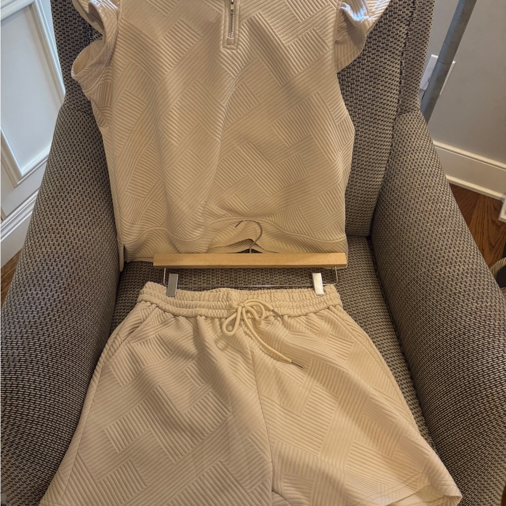 Beige Textured Short Sleeve Top and Shorts Set
